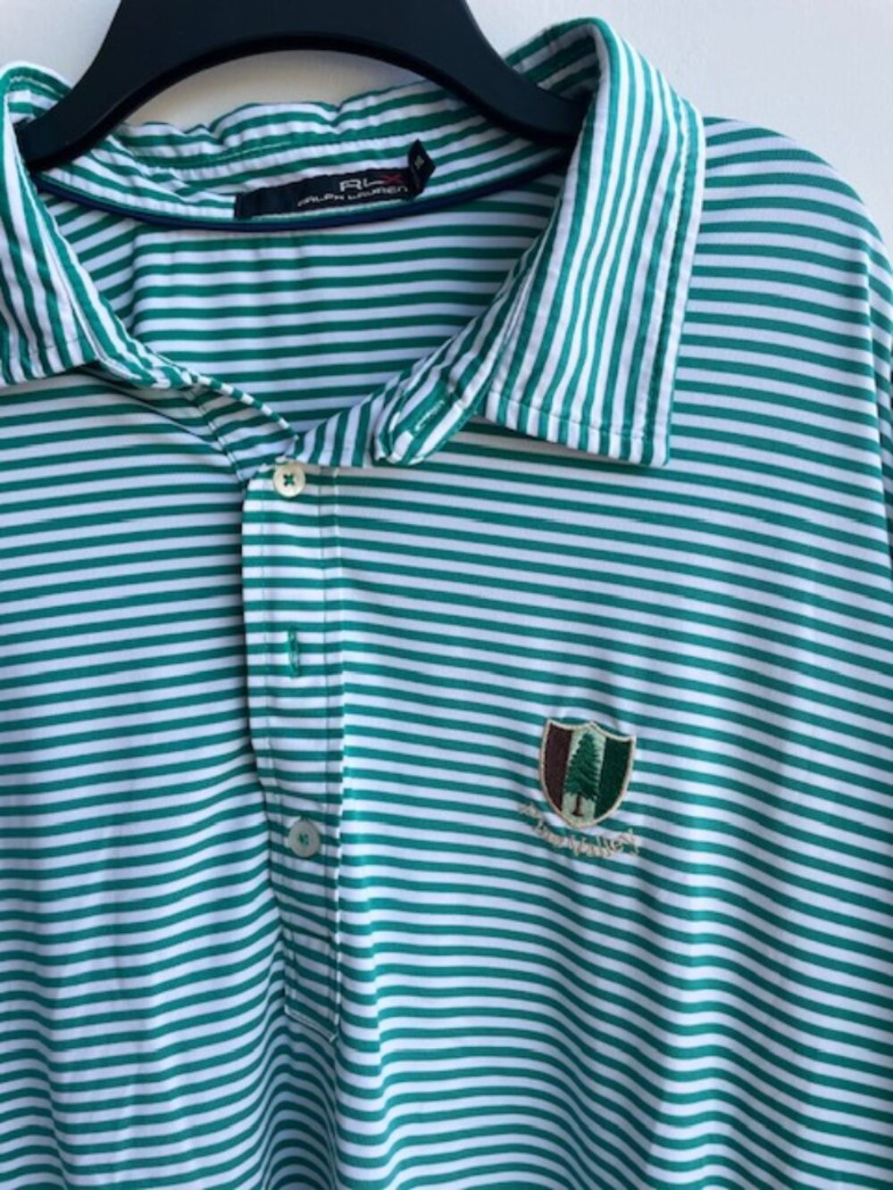 RLX Ralph Lauren Men’s Golf Polo Pine Valley Logo 2XL Green & White Stripe - Picture 2 of 10